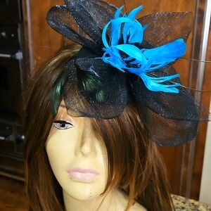 Bodacious Black Blue Floral  Feather  Fascinator Derby Church Tea Hat‎